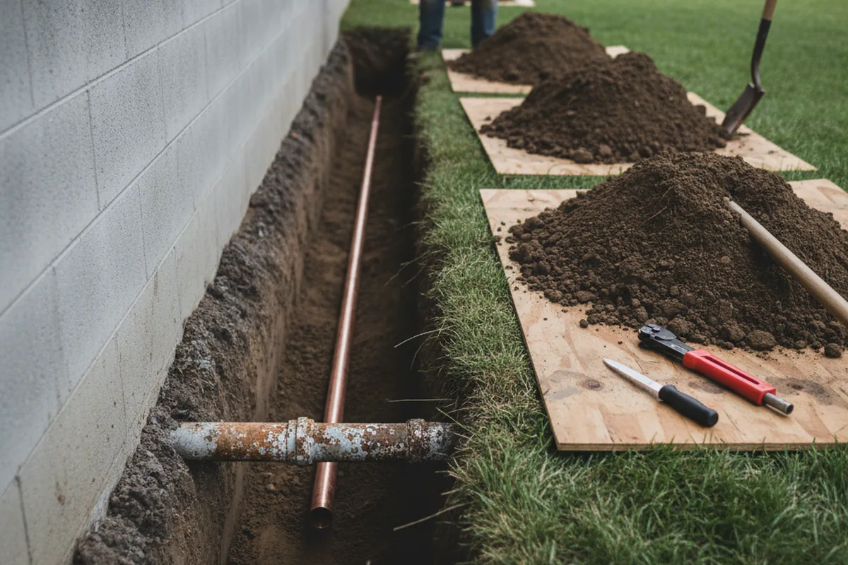 Excavated water line trench during Water Heater Repair in Isabella